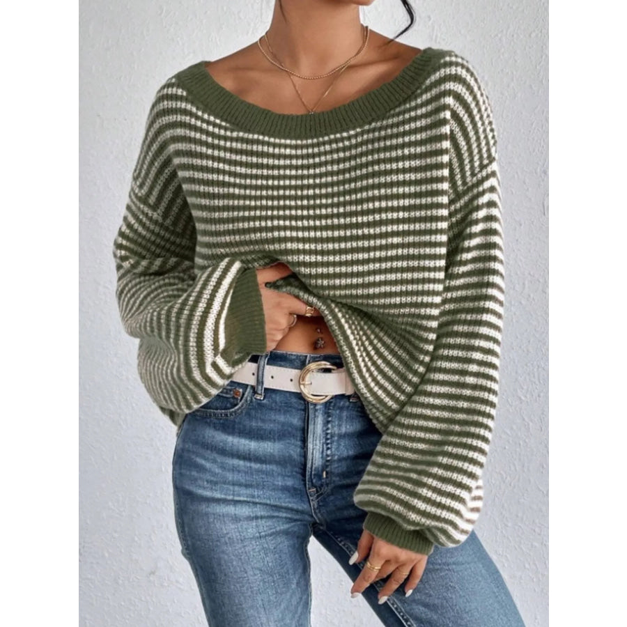 Striped Boat Neck Sweater Green / S Apparel and Accessories