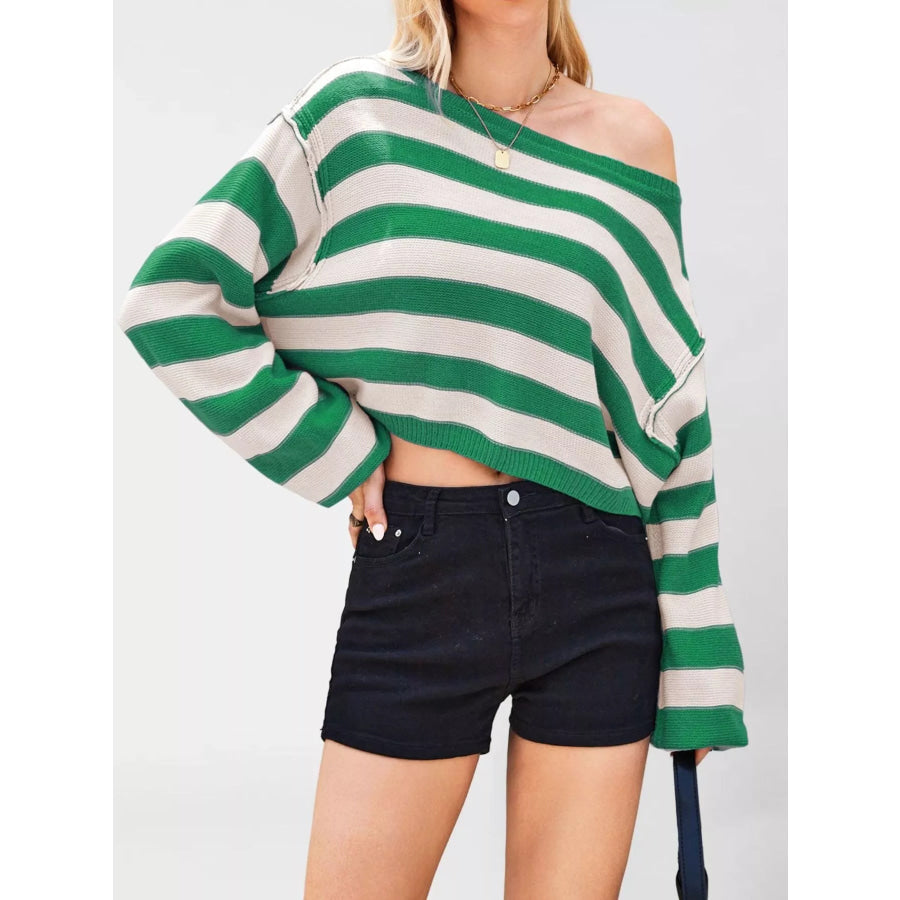 Striped Boat Neck Sweater Green / S Apparel and Accessories