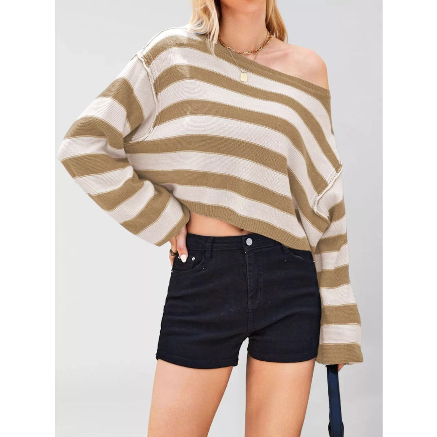Striped Boat Neck Sweater Khaki / S Apparel and Accessories