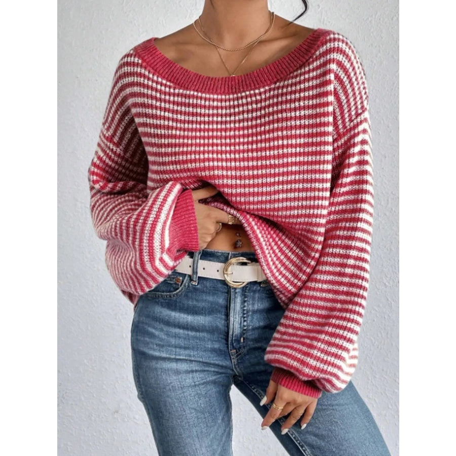 Striped Boat Neck Sweater Red / S Apparel and Accessories