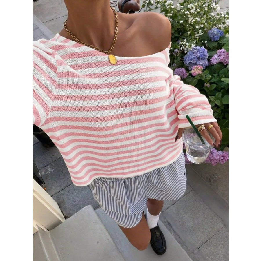 Striped Boat Neck T-Shirt Blush Pink / S Apparel and Accessories
