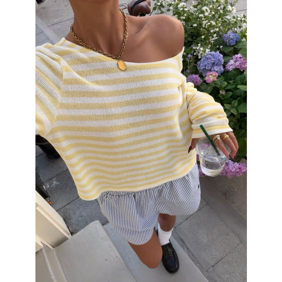 Striped Boat Neck T-Shirt Pastel Yellow / S Apparel and Accessories