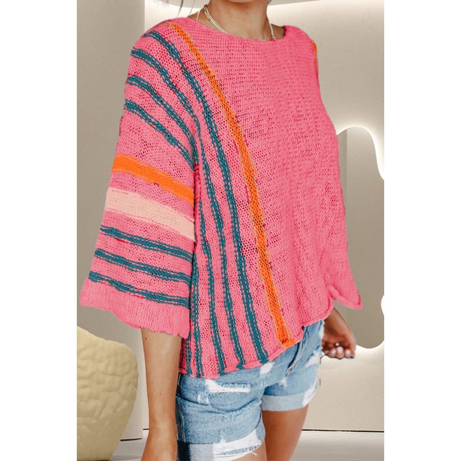 Striped Boat Neck Three-Quarter Sleeve Knit Top Apparel and Accessories