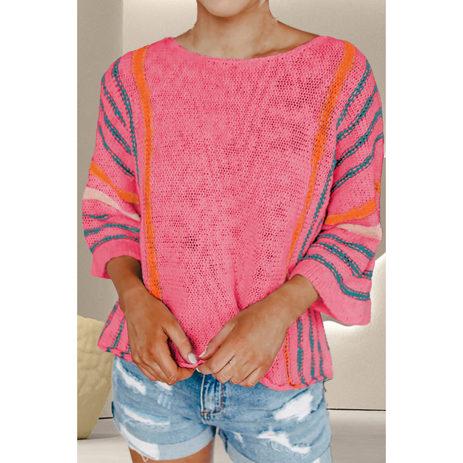 Striped Boat Neck Three-Quarter Sleeve Knit Top Strawberry / S Apparel and Accessories