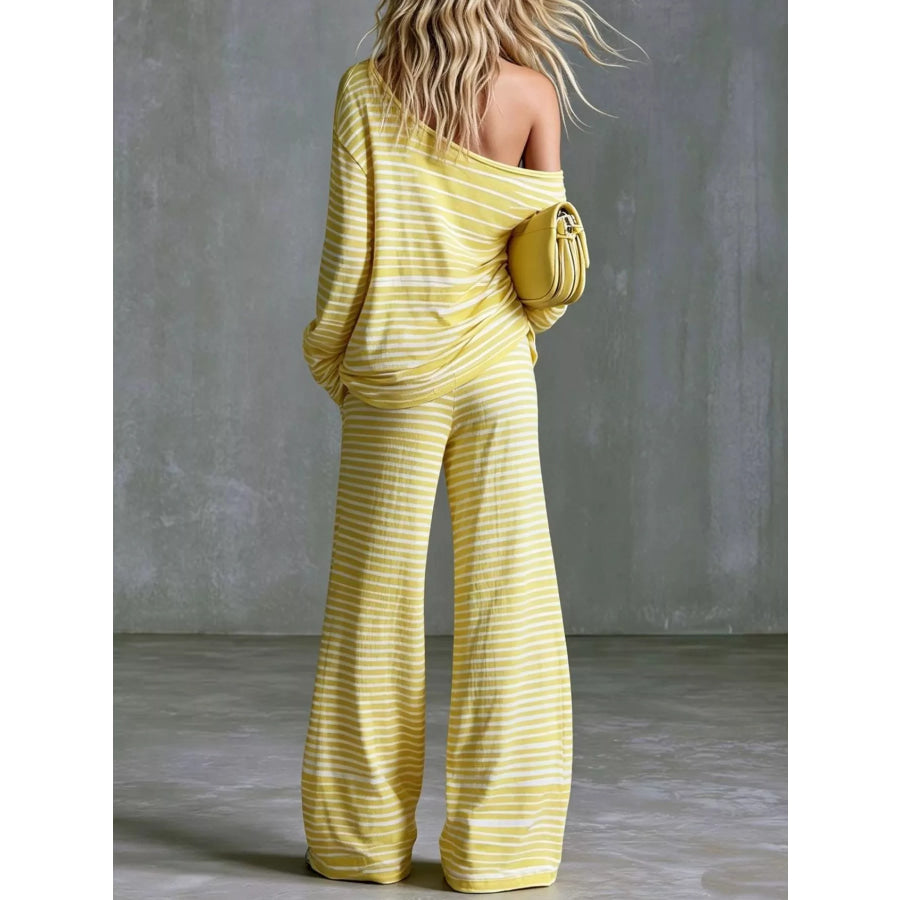 Striped Boat Neck Top and Pants Set Yellow / XS Apparel and Accessories