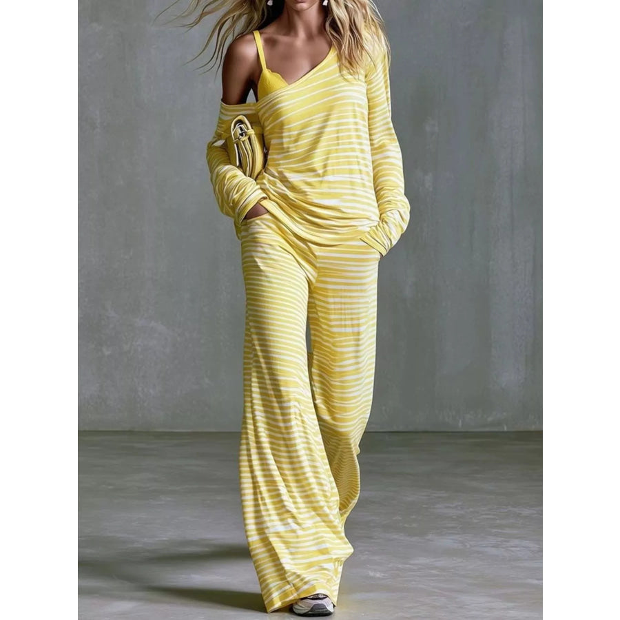 Striped Boat Neck Top and Pants Set Yellow / XS Apparel and Accessories