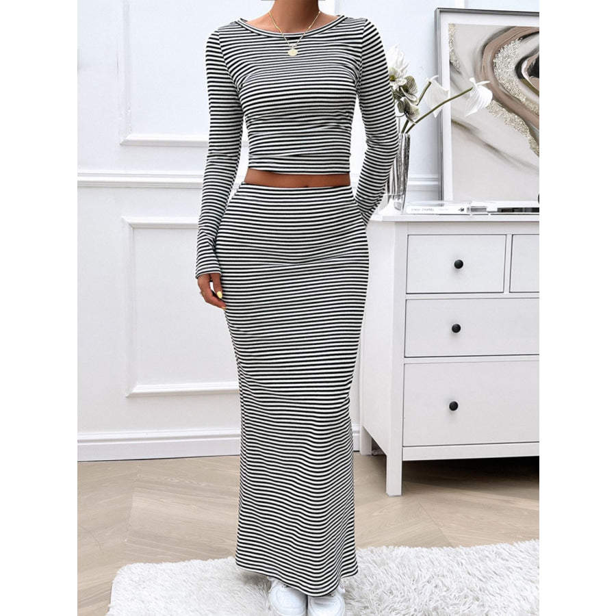 Striped Boat Neck Top and Skirt Set Apparel and Accessories