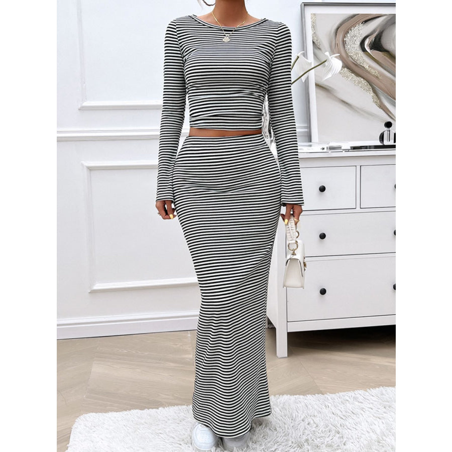 Striped Boat Neck Top and Skirt Set Apparel and Accessories