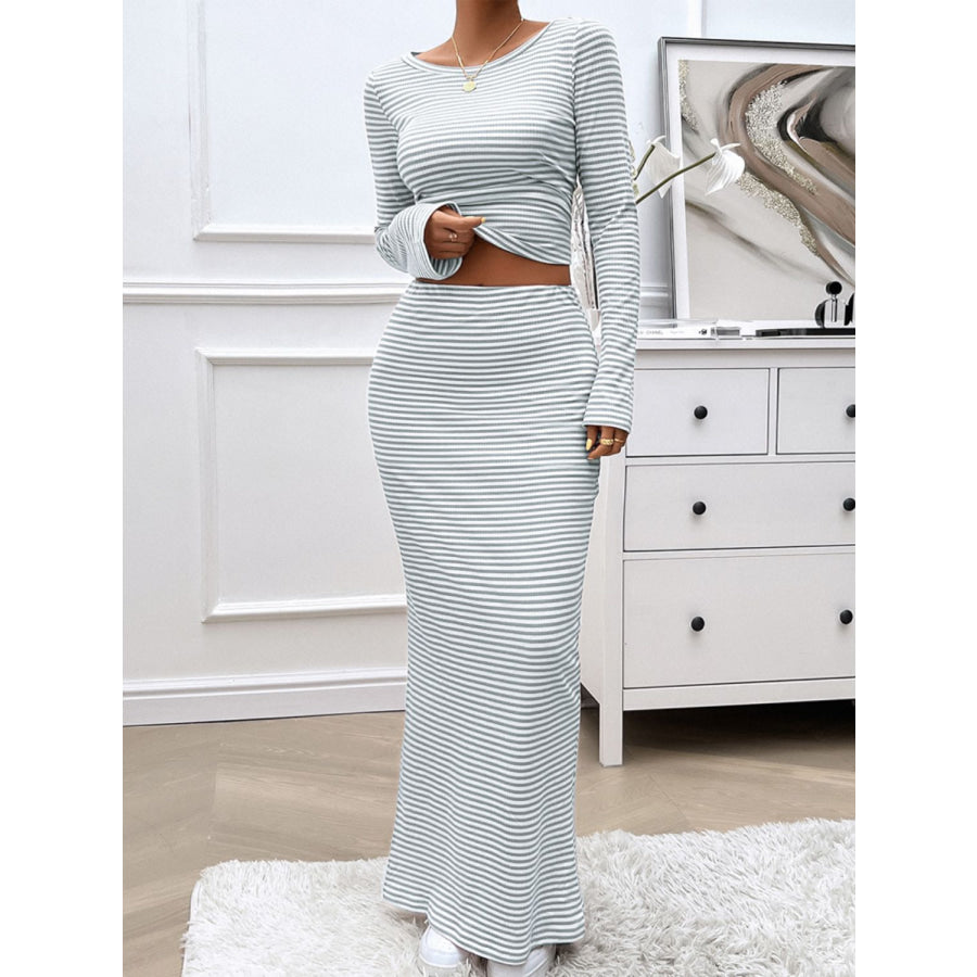 Striped Boat Neck Top and Skirt Set Apparel and Accessories