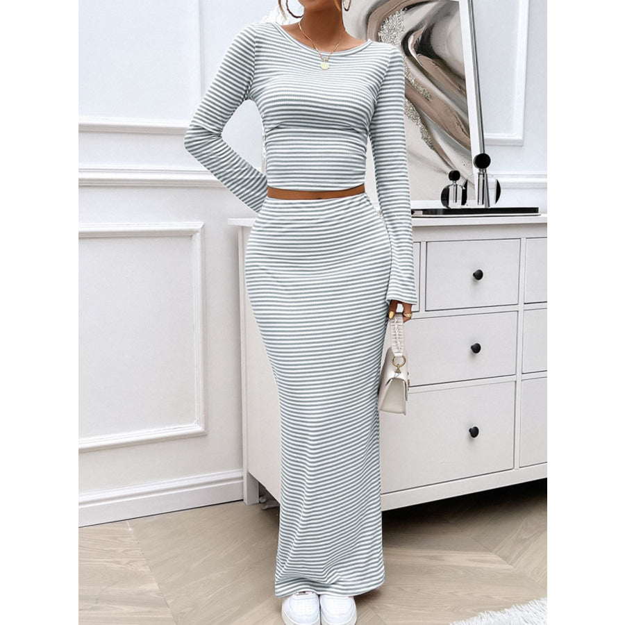 Striped Boat Neck Top and Skirt Set Apparel and Accessories