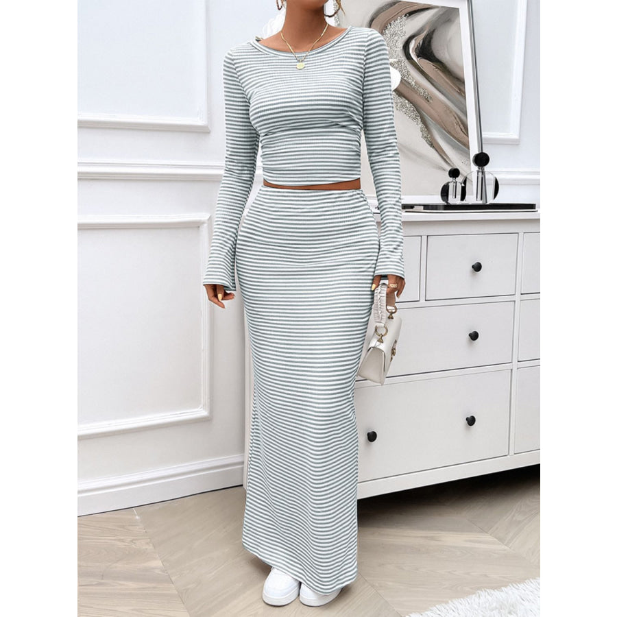 Striped Boat Neck Top and Skirt Set Apparel and Accessories