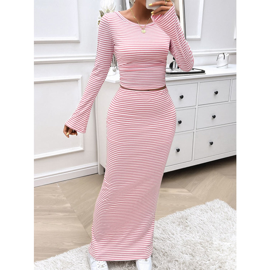 Striped Boat Neck Top and Skirt Set Blush Pink / S Apparel and Accessories