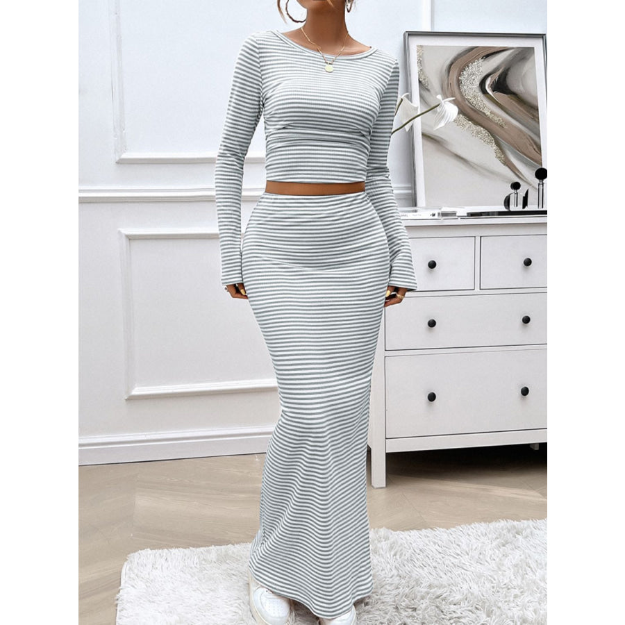 Striped Boat Neck Top and Skirt Set Light Gray / S Apparel and Accessories