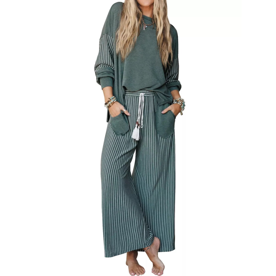 Striped Boat Neck Top and Wide-Leg Pants Set Apparel Accessories