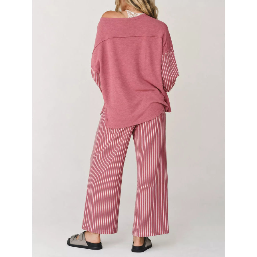 Striped Boat Neck Top and Wide-Leg Pants Set Apparel Accessories