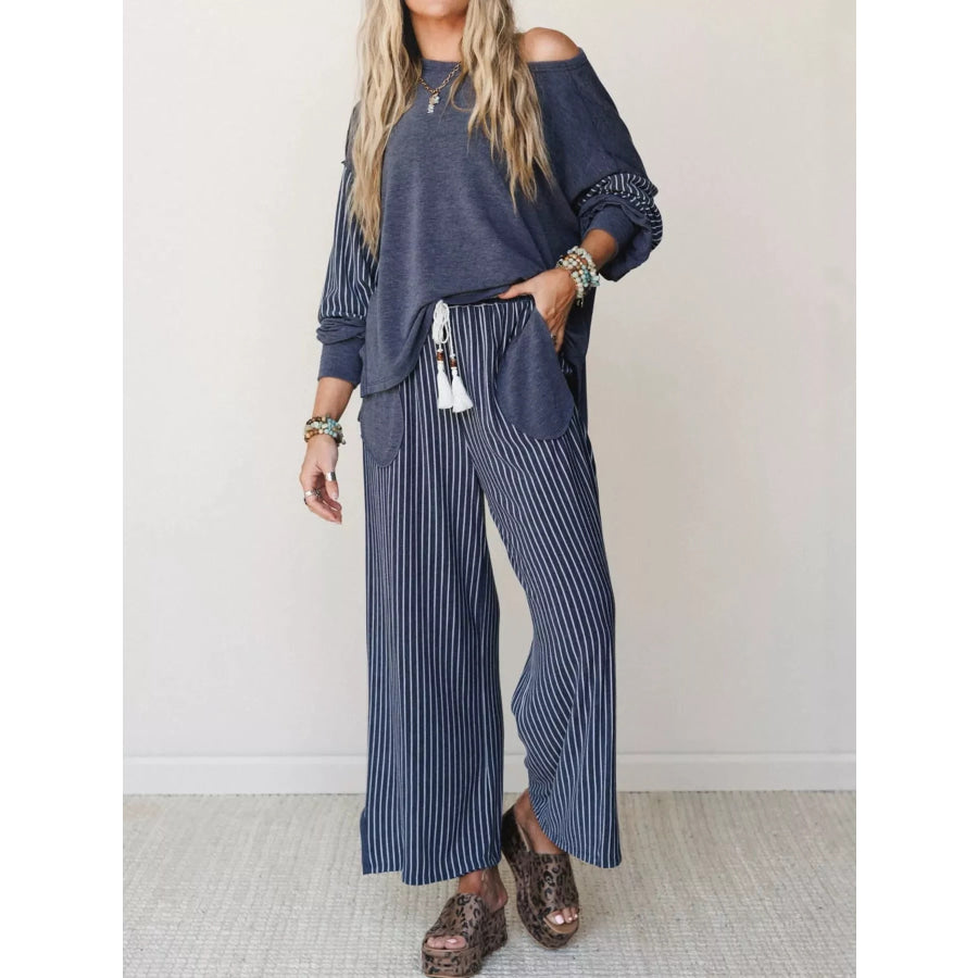 Striped Boat Neck Top and Wide-Leg Pants Set Blue / S Apparel Accessories