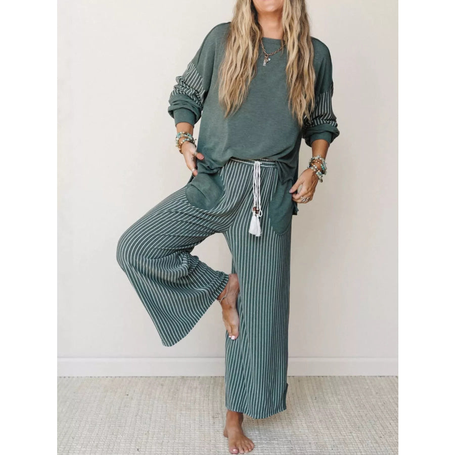 Striped Boat Neck Top and Wide-Leg Pants Set Green / S Apparel Accessories