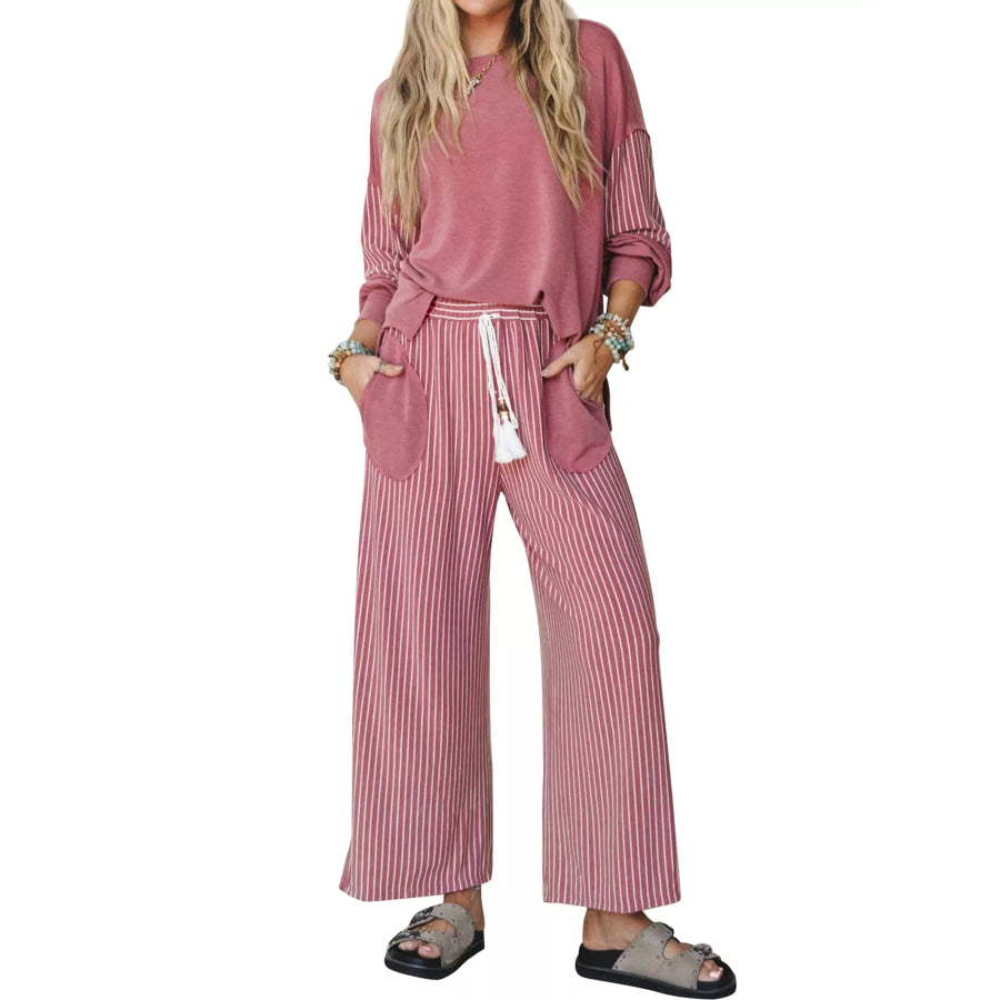 Striped Boat Neck Top and Wide-Leg Pants Set Pink / S Apparel Accessories