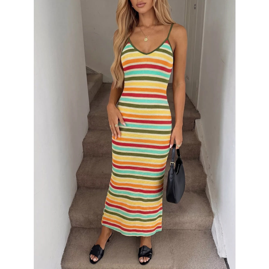 Striped Bodycon Knit Midi Dress Army Green / S Apparel and Accessories