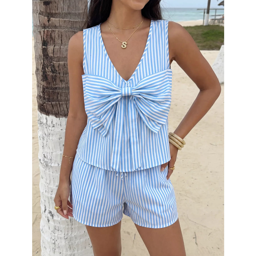 Striped Bowknot Sleeveless Top & Shorts Set Apparel and Accessories