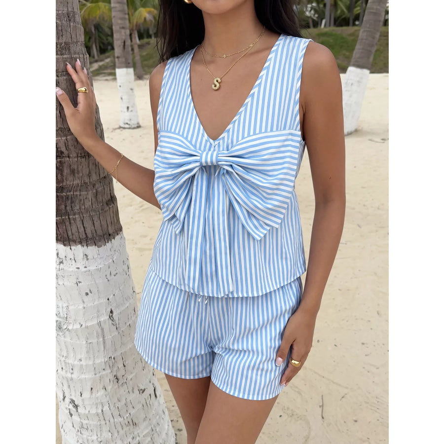 Striped Bowknot Sleeveless Top & Shorts Set Apparel and Accessories