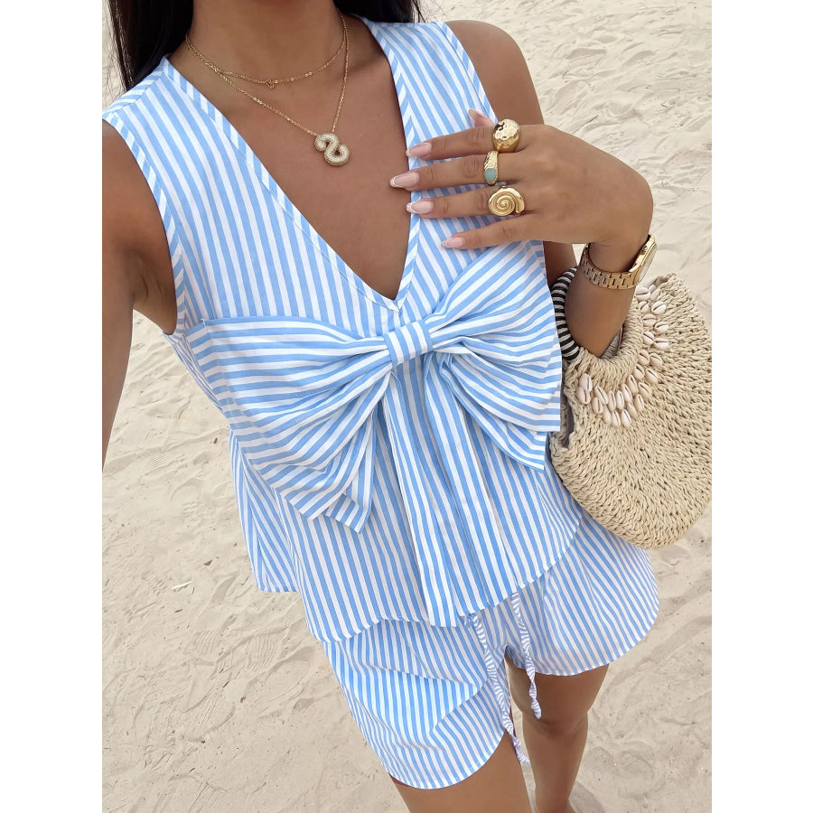 Striped Bowknot Sleeveless Top & Shorts Set Apparel and Accessories