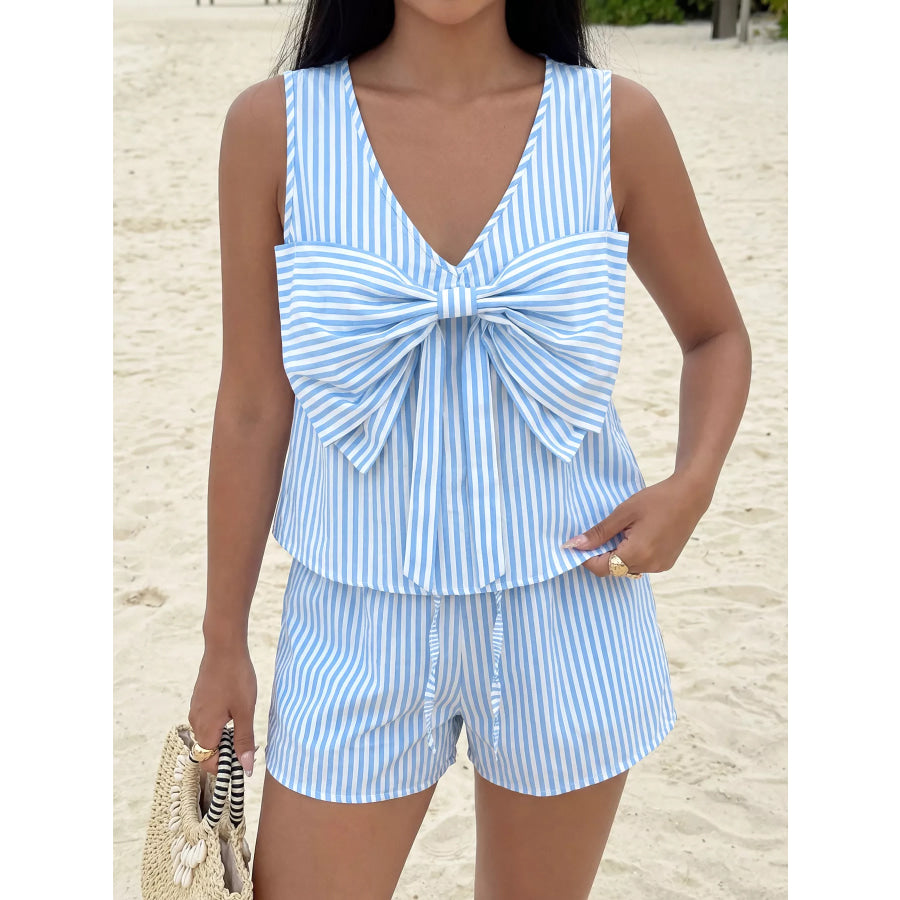 Striped Bowknot Sleeveless Top & Shorts Set Apparel and Accessories