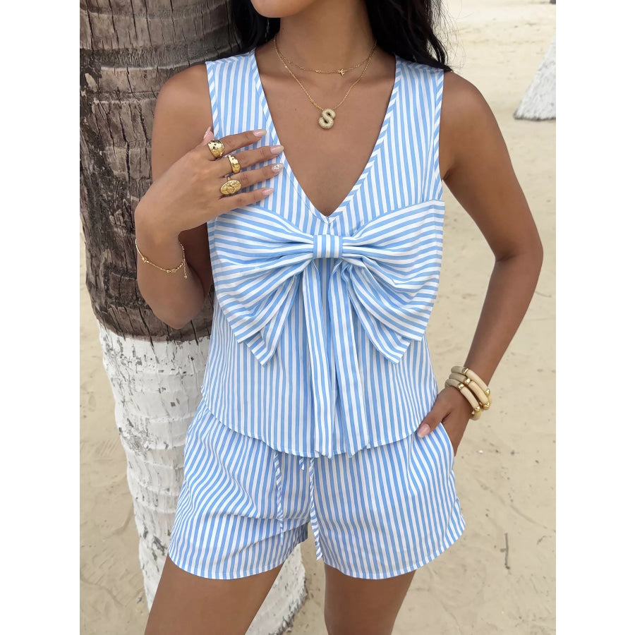 Striped Bowknot Sleeveless Top & Shorts Set Apparel and Accessories
