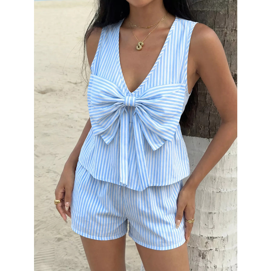 Striped Bowknot Sleeveless Top & Shorts Set Blue / S Apparel and Accessories