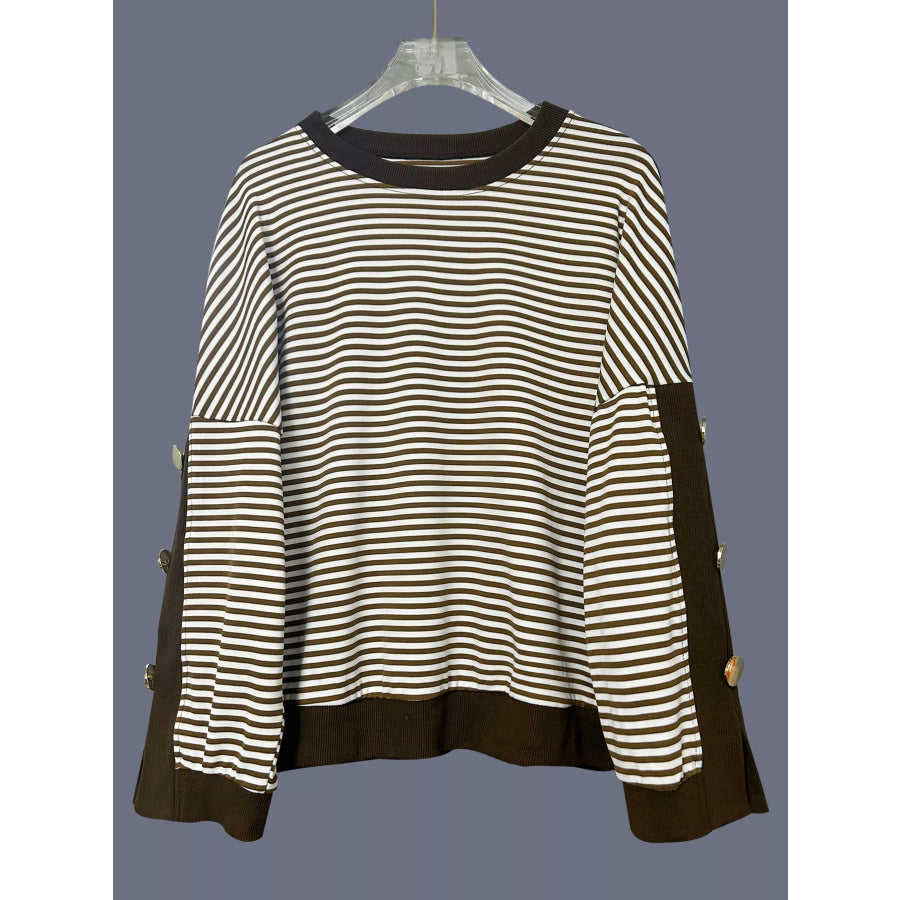 Striped Button Decor Dropped Shoulder Sweatshirt Apparel and Accessories