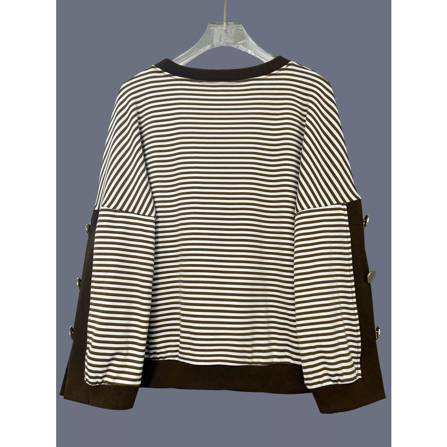 Striped Button Decor Dropped Shoulder Sweatshirt Apparel and Accessories