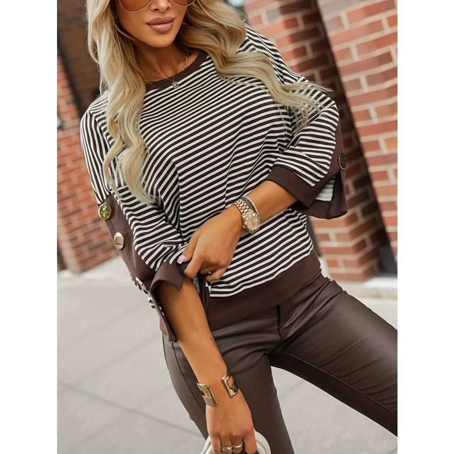 Striped Button Decor Dropped Shoulder Sweatshirt Brown / S Apparel and Accessories