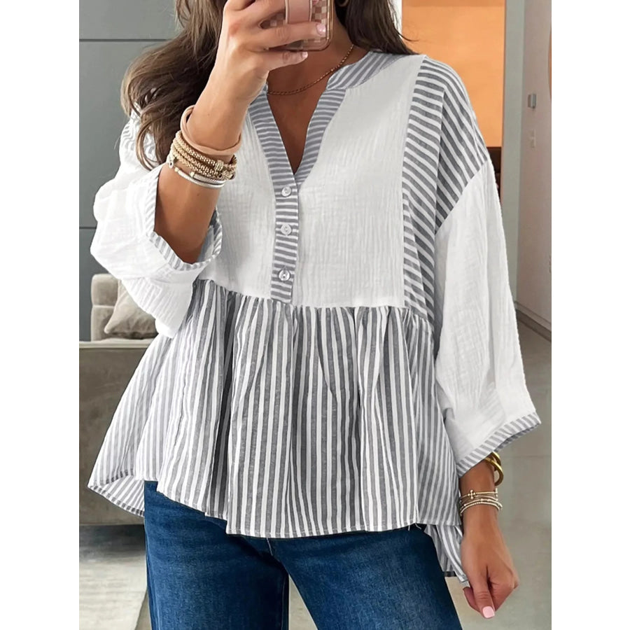 Striped Button Detail Blouse Light Gray / S Apparel and Accessories