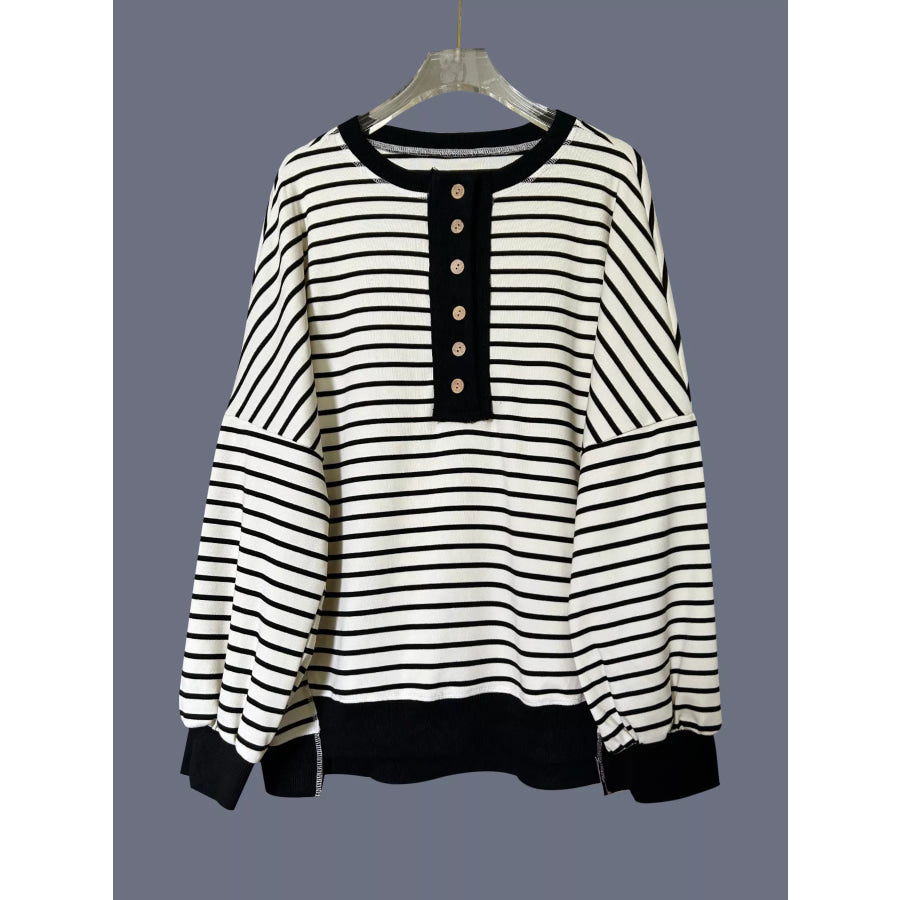 Striped Button Detail Casual Sweatshirt Apparel and Accessories