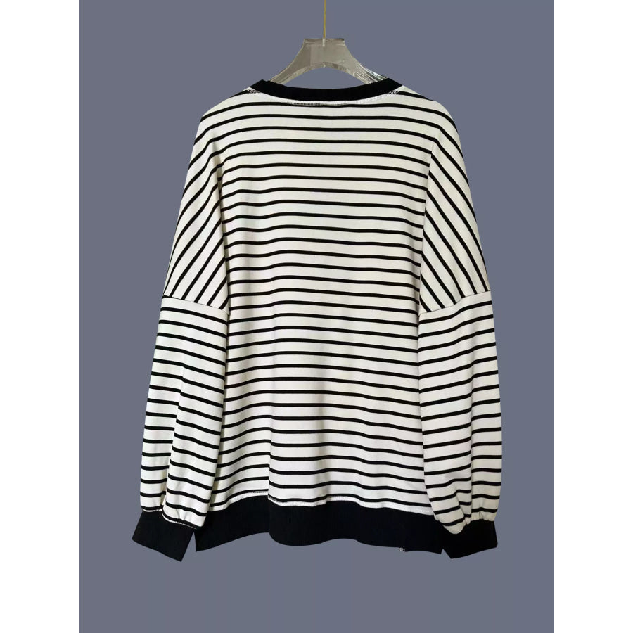 Striped Button Detail Casual Sweatshirt Apparel and Accessories