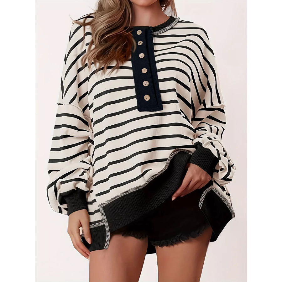 Striped Button Detail Casual Sweatshirt Apparel and Accessories