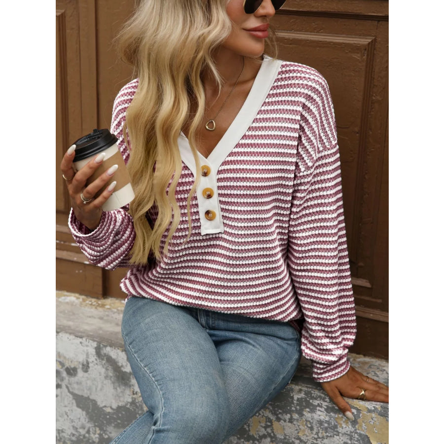 Striped Button Detail Long Sleeve T-Shirt Apparel and Accessories