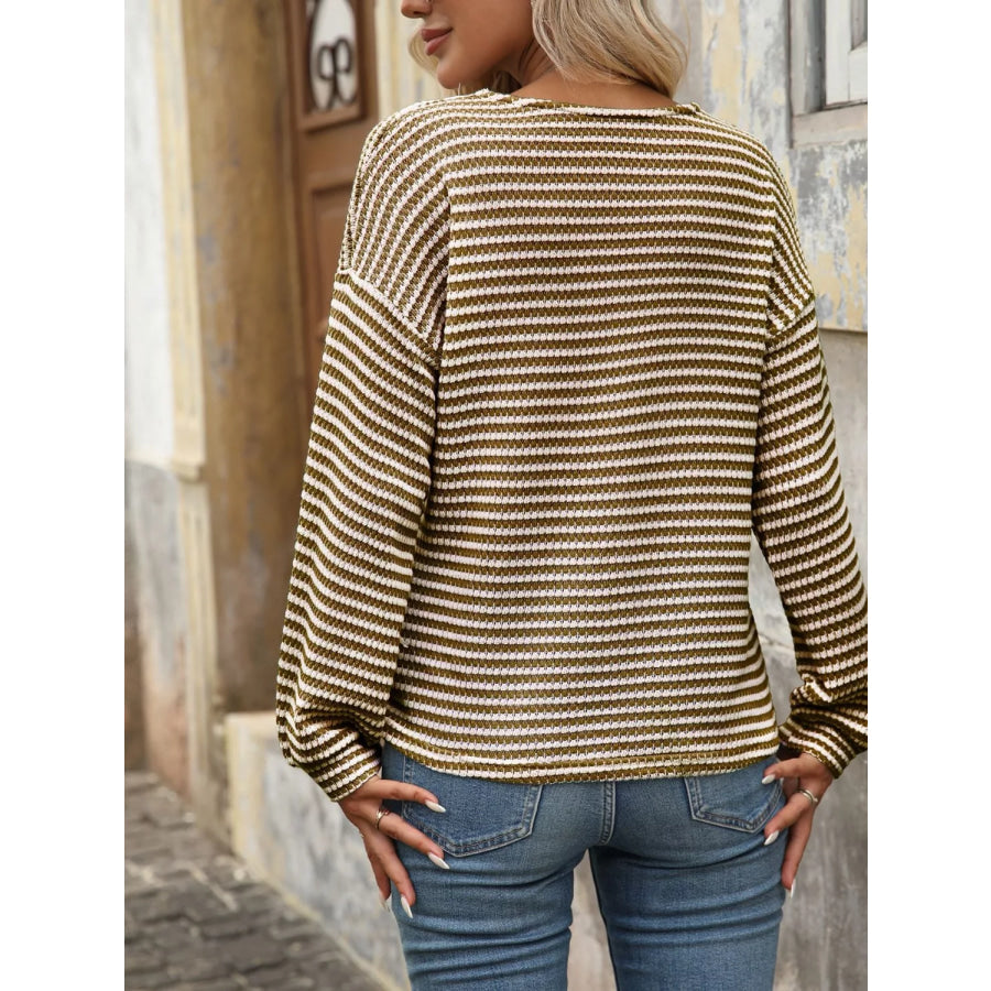Striped Button Detail Long Sleeve T-Shirt Apparel and Accessories