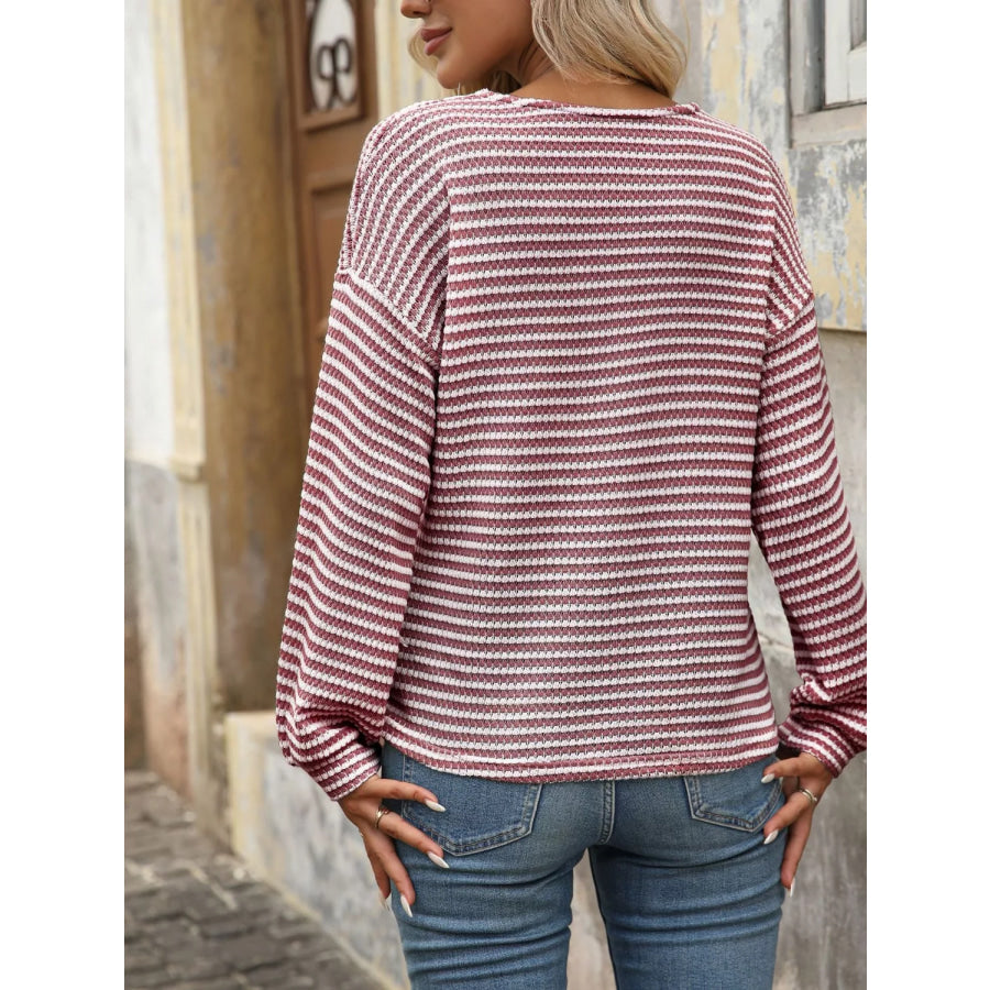Striped Button Detail Long Sleeve T-Shirt Apparel and Accessories