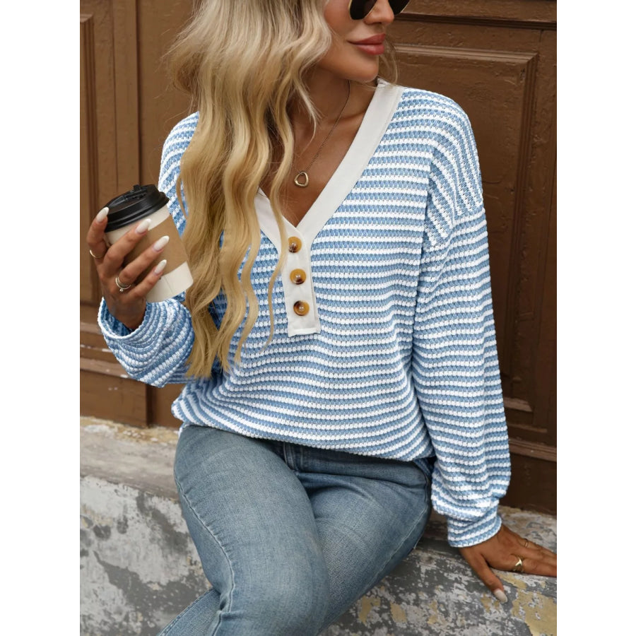 Striped Button Detail Long Sleeve T-Shirt Apparel and Accessories