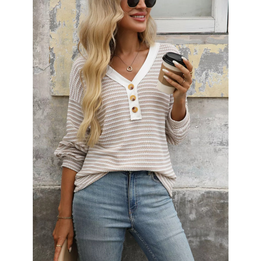 Striped Button Detail Long Sleeve T-Shirt Apparel and Accessories
