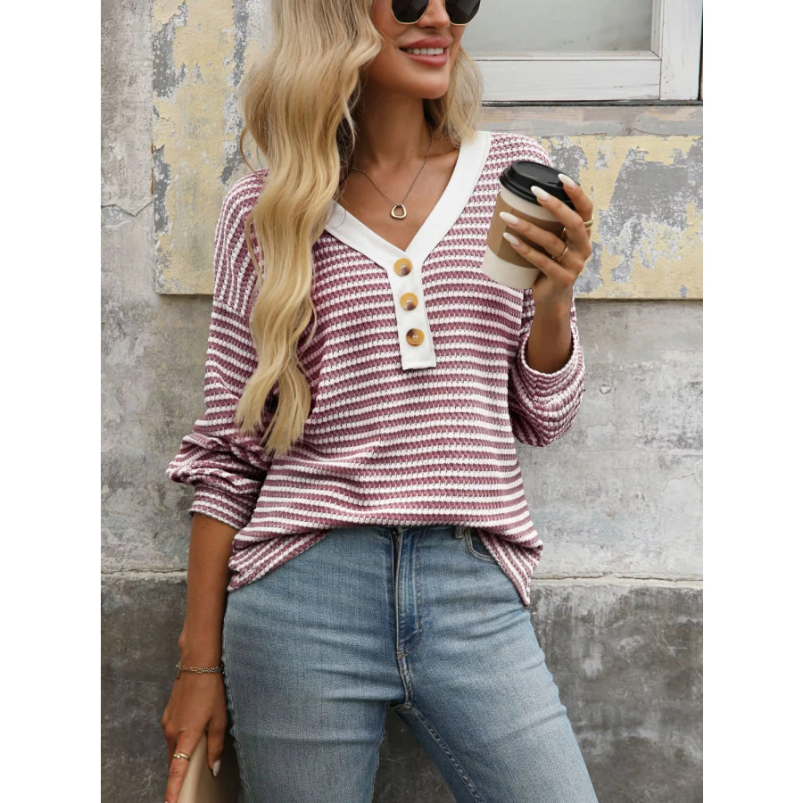 Striped Button Detail Long Sleeve T-Shirt Rust / S Apparel and Accessories