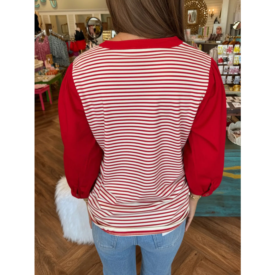 Striped Button-Detail Long Sleeve Top Apparel and Accessories