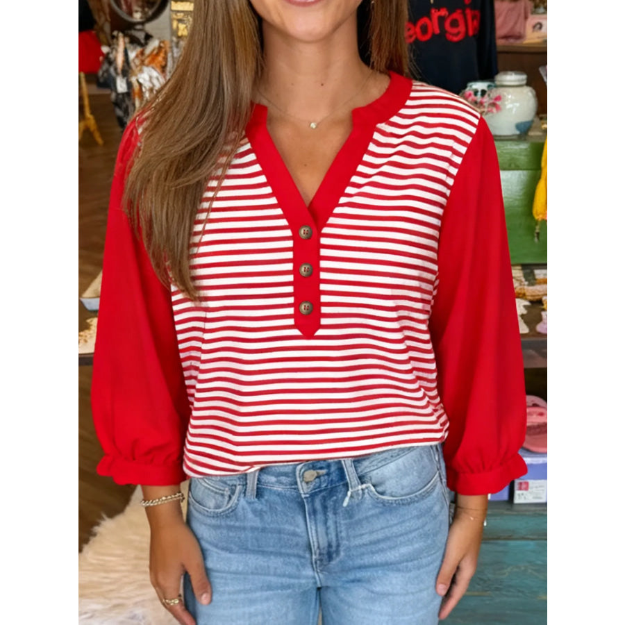 Striped Button-Detail Long Sleeve Top Red / S Apparel and Accessories