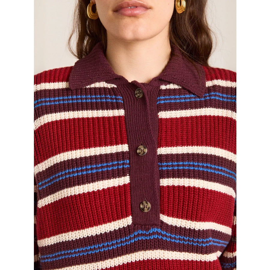 Striped Button Detail Polo Collar Sweater Apparel and Accessories