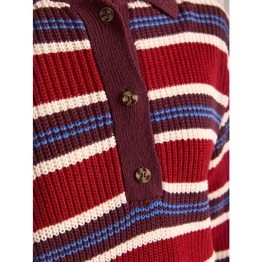 Striped Button Detail Polo Collar Sweater Apparel and Accessories