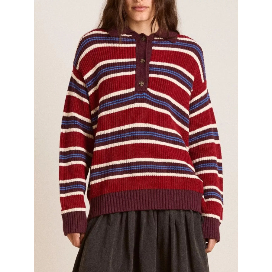 Striped Button Detail Polo Collar Sweater Apparel and Accessories