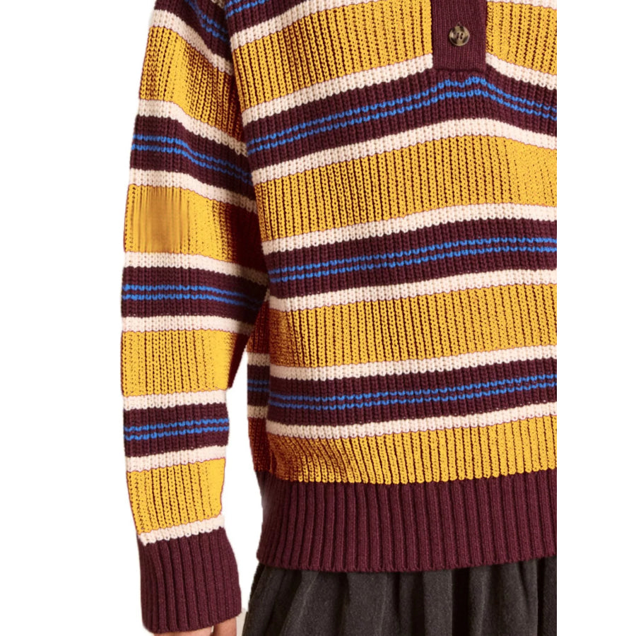 Striped Button Detail Polo Collar Sweater Apparel and Accessories