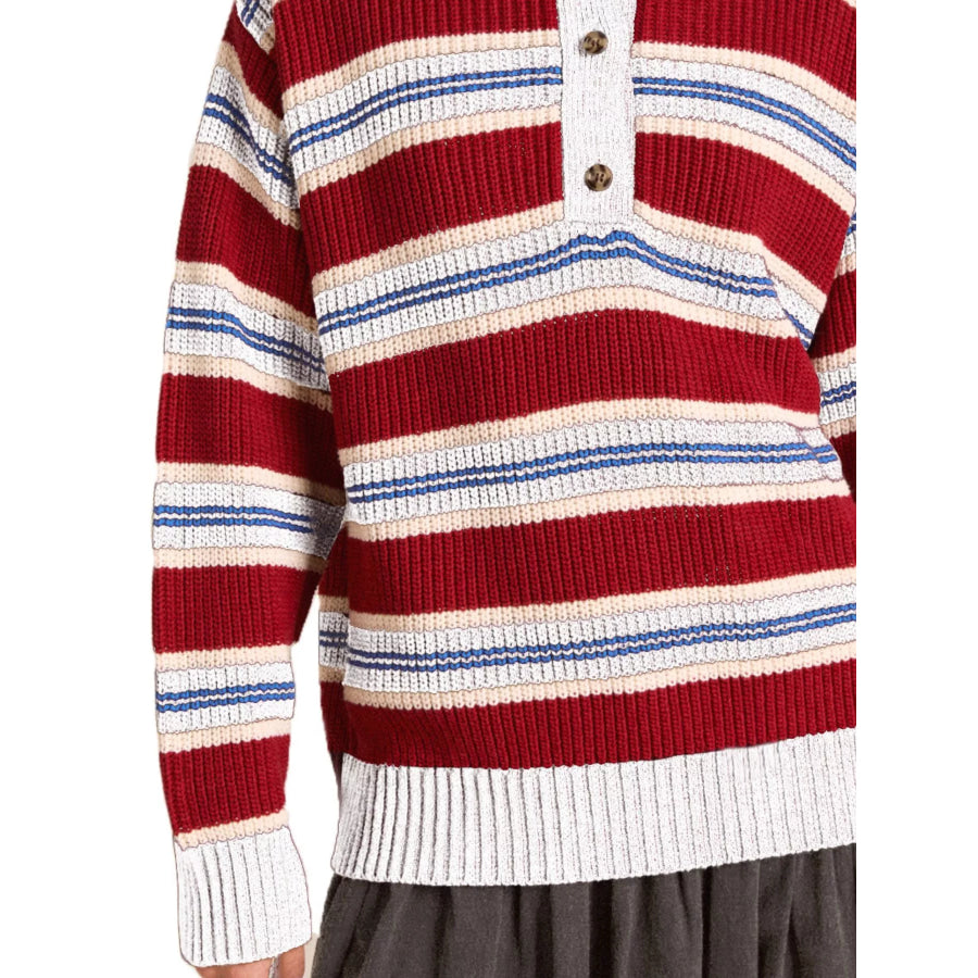 Striped Button Detail Polo Collar Sweater Apparel and Accessories