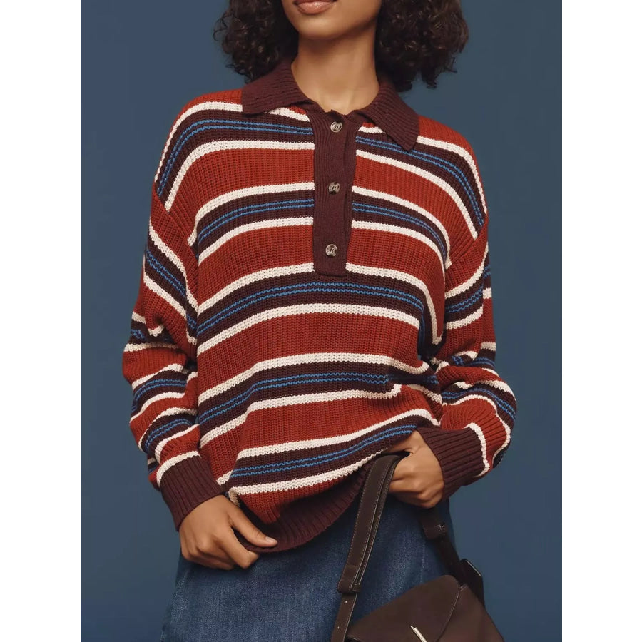 Striped Button Detail Polo Collar Sweater Apparel and Accessories